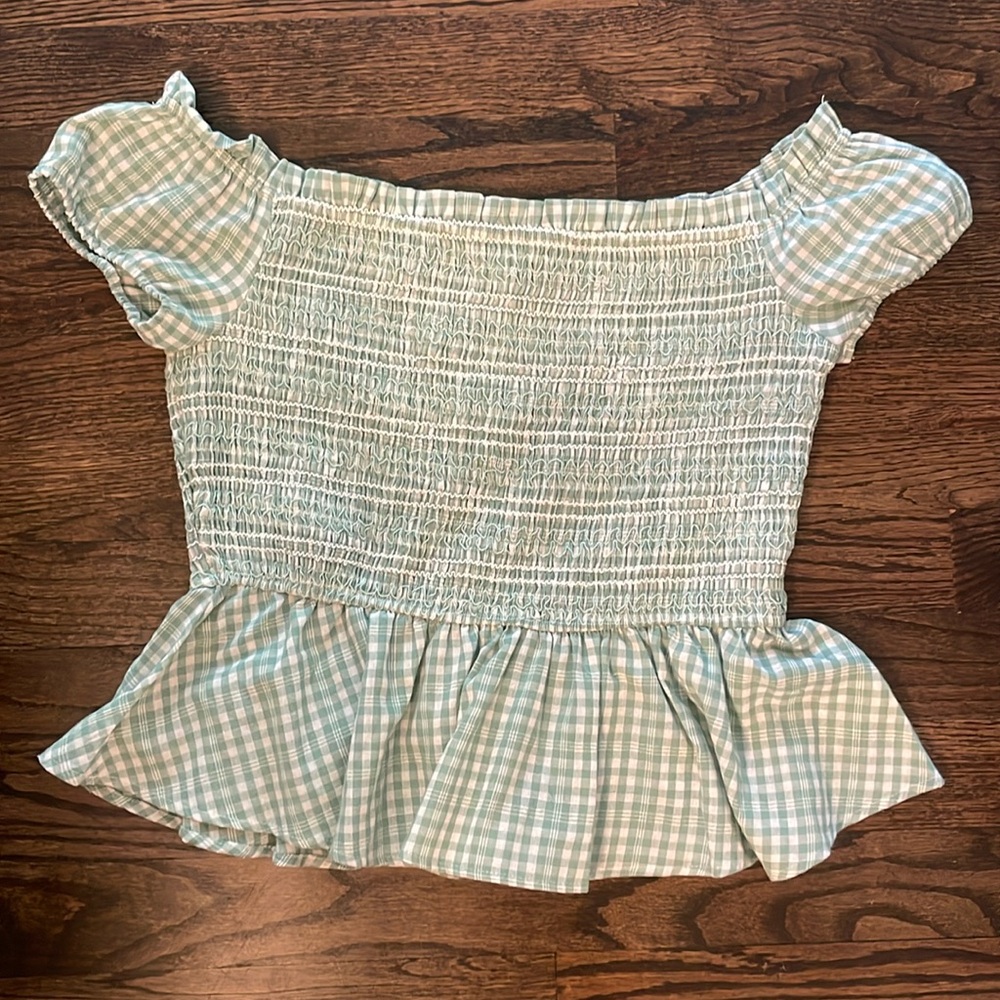 Smocked off the shoulder peplum top